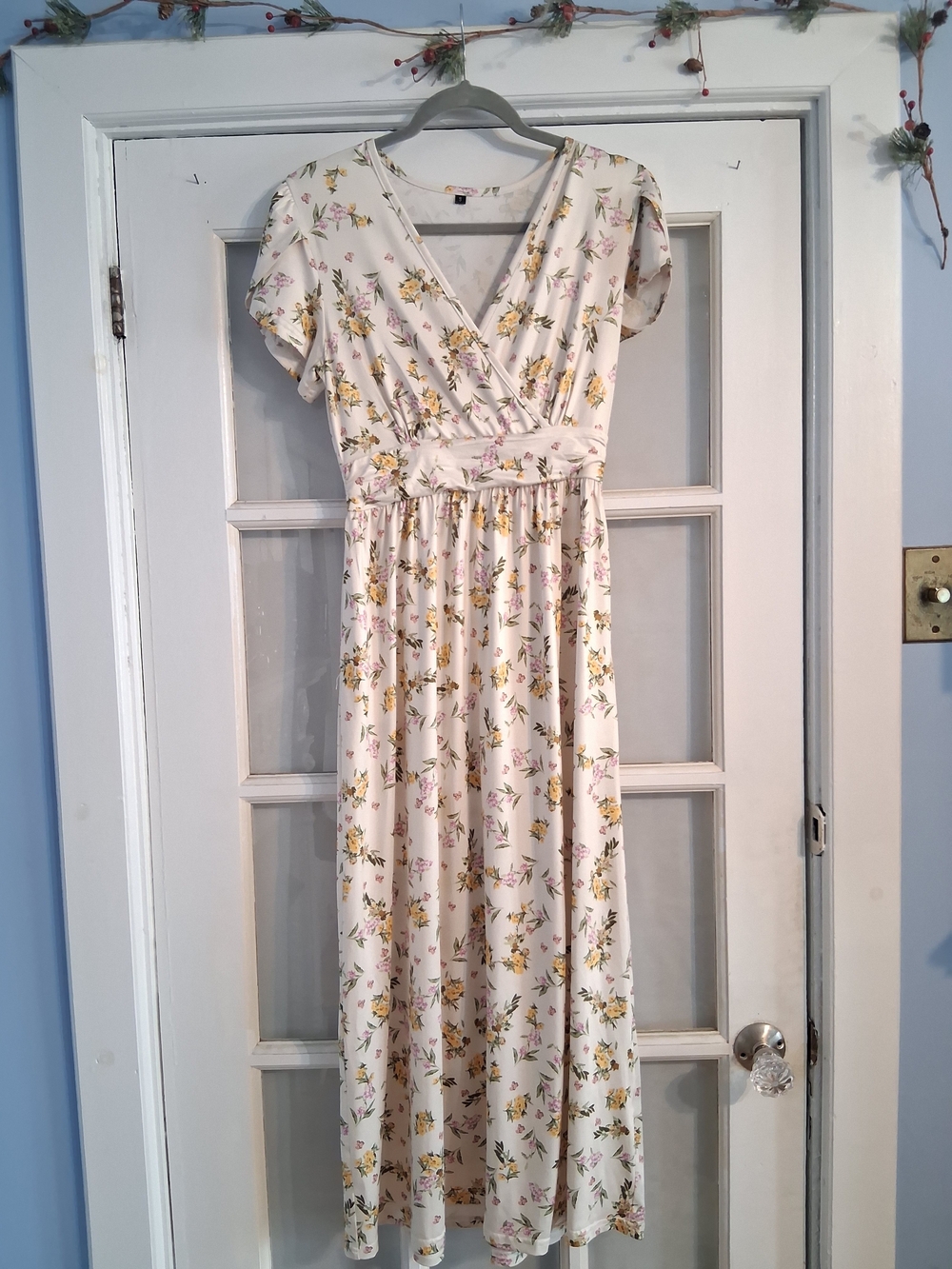 Floral Wrap Maternity Maxi Dress in Cream and Yellow